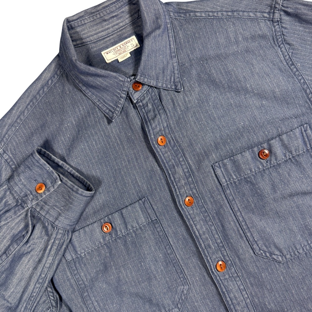 Wallace & Barnes Herringbone Button Up Work Shirt Mens S Blue Cotton Linen Blend